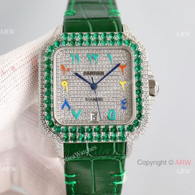 Swiss Replica Cartier Santos 100 Full Iced Rainbow Men Watch Hindu Arabic Dial 40mm